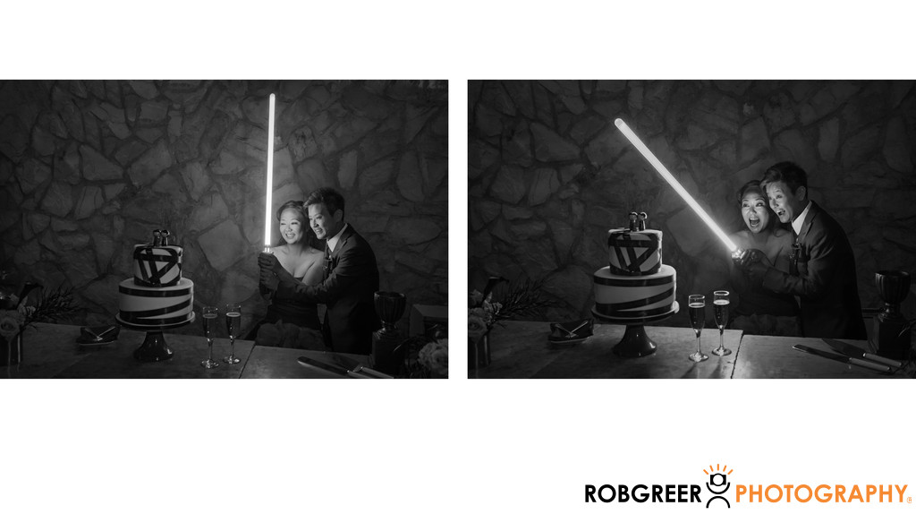 Couple Cuts Wedding Cake with Star Wars Light Saber
