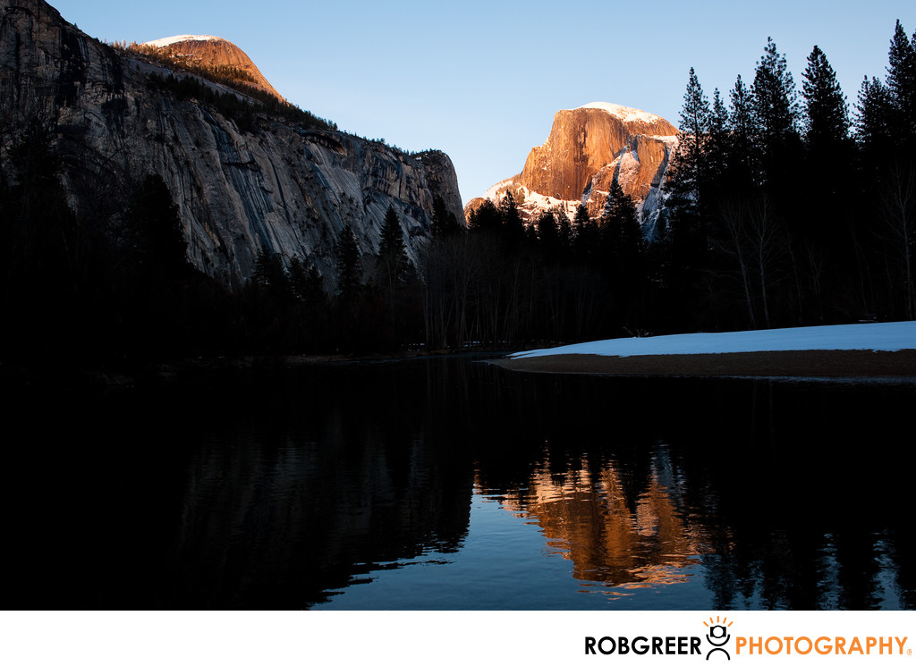 Snowy Half Dome Merced River Reflection in Yosemite