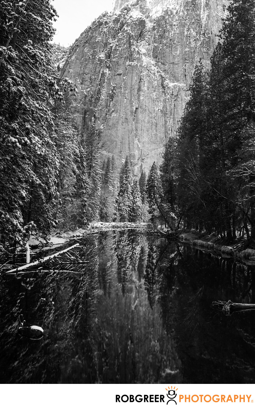 Merced River in Winter Reflecting Trees & Mountains
