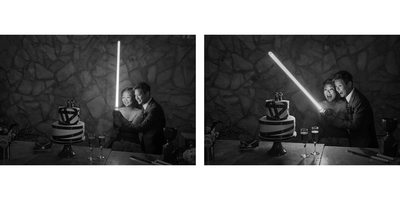 Couple Cuts Wedding Cake with Star Wars Light Saber