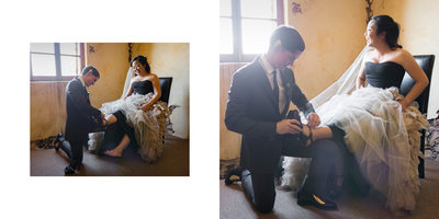 Bride is Assisted with Wedding Shoes 
