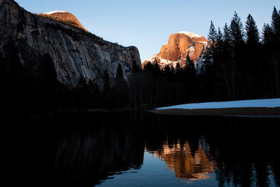 Snowy Half Dome Merced River Reflection in Yosemite