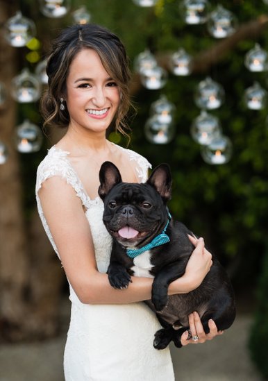 Bride Poses with Dog: Cocktail Hour