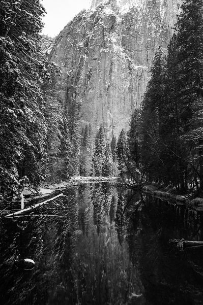 Merced River in Winter Reflecting Trees & Mountains